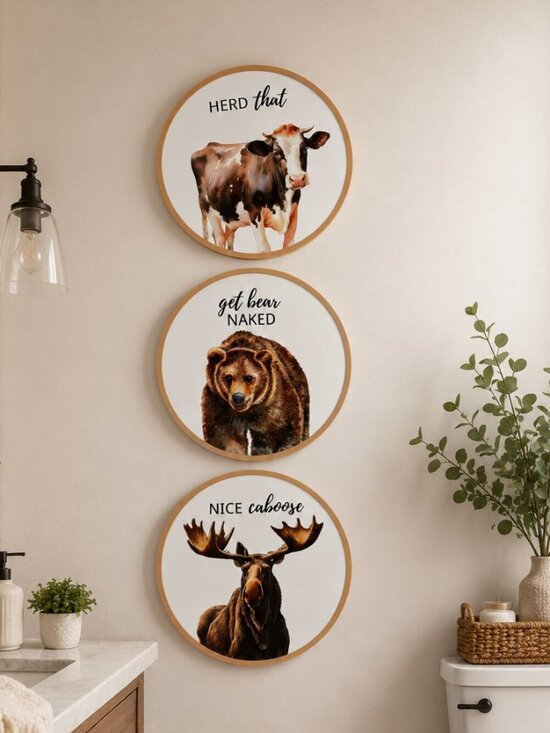 Handmade Other - Funny Farmhouse Bathroom Wall Decor Set of 3 Cow - Bear - Moose Signs 9.75"